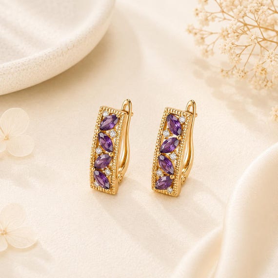 Purple Cubic Zirconia Hoop Earrings, 18K Gold Plated Huggie Earrings, Rectangle Hoop Earrings, Vintage Gold Jewelry Gift for Her