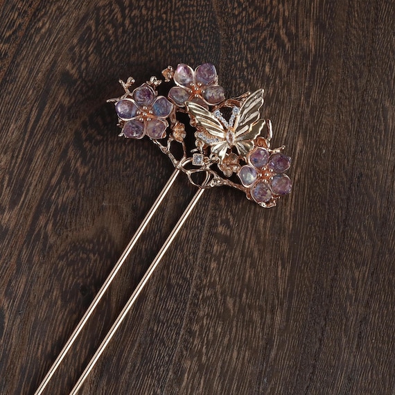 Handmade Purple Flower Hair Stick: Copper Butterfly Hair Pin