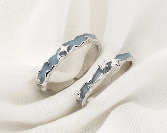 Customizable Sterling Silver Star River Couple Rings: Personalized Promise Rings