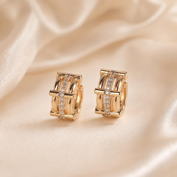 18K Gold Plated Geometric Hoop Earrings, CZ Huggie Earrings, Modern Gold Statement Hoops, Sparkling Minimalist Earrings for Her