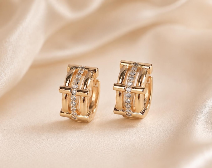 18K Gold Plated Geometric Hoop Earrings, CZ Huggie Earrings, Modern Gold Statement Hoops, Sparkling Minimalist Earrings for Her