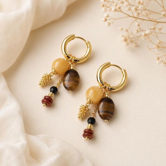Gold Hoop Dangle Earrings with Tiger Eye Beads, Boho Gemstone Charm Earrings, Brown Yellow Beaded Earrings, Gift for Her