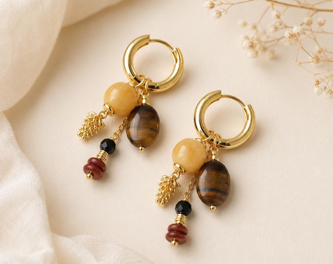Gold Hoop Dangle Earrings with Tiger Eye Beads, Boho Gemstone Charm Earrings, Brown Yellow Beaded Earrings, Gift for Her