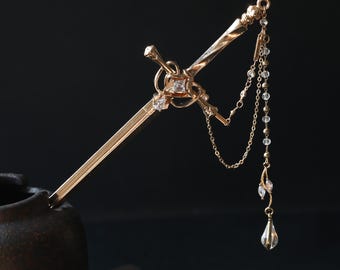 Handmade Sword Hair Stick: Copper & Goldcolor Dangle Hair Pin