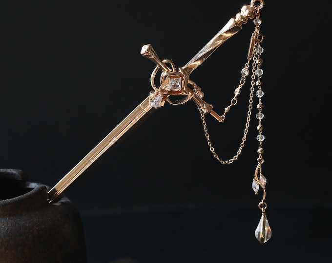 Handmade Sword Hair Stick: Copper & Goldcolor Dangle Hair Pin