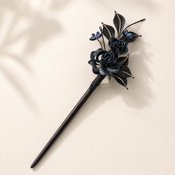 Black Rose Hair Stick, Gothic Floral Hair Pin, Butterfly Leaf Hair Accessory, Vintage Updo Bun Stick, Wedding Gift for Her