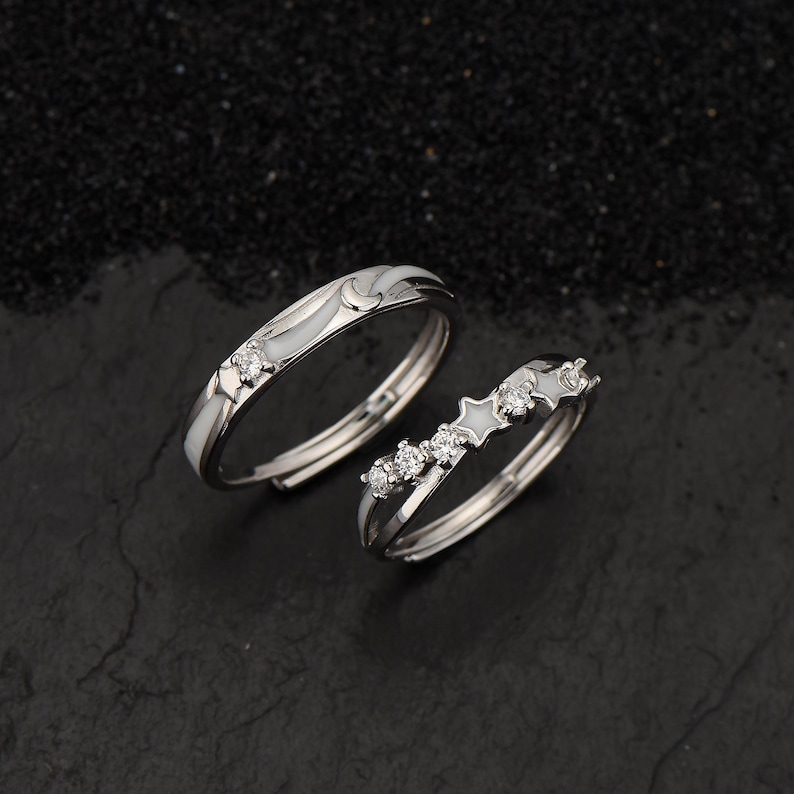 Star Promise Rings Moon and Star Couple Rings: 925 Sterling Silver Night Glow Promise ...