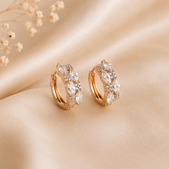 18K Gold Plated Marquise CZ Hoop Earrings, Sparkling Crystal Huggie Earrings, Elegant Leaf Cluster Hoops, Bridal Gold Earrings for Her