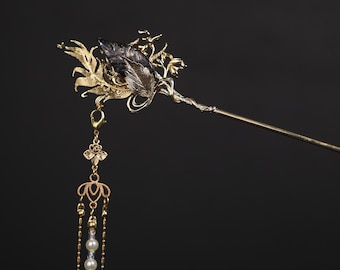 Handmade Resin Feather Hair Stick: Copper Gold Flower Hair Pin