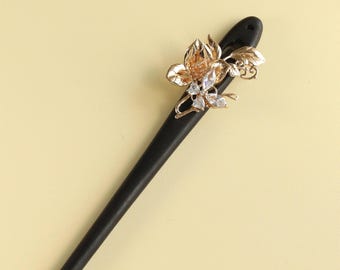 Handmade Wood Zircon Butterfly Hair Stick: Goldcolor Leaf&Flower Hair Pin
