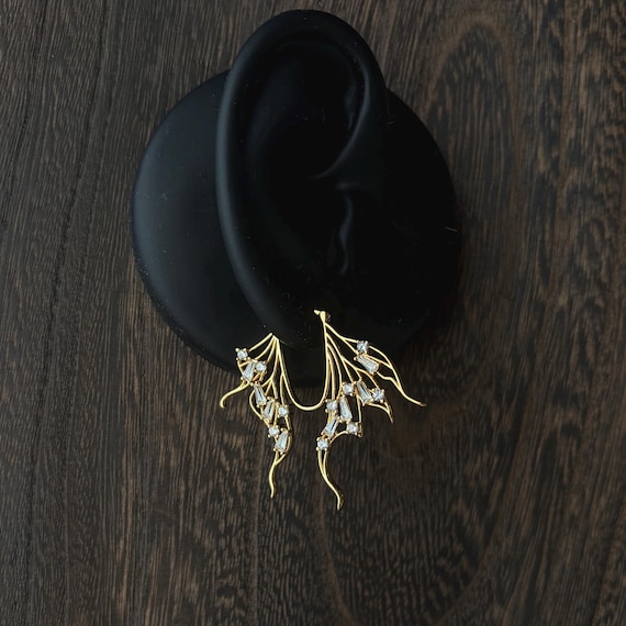 Fantasy Wing Earrings, Celestial Crystal Statement Earrings, Gold Botanical Drop Earrings, Fairy Inspired Jewelry