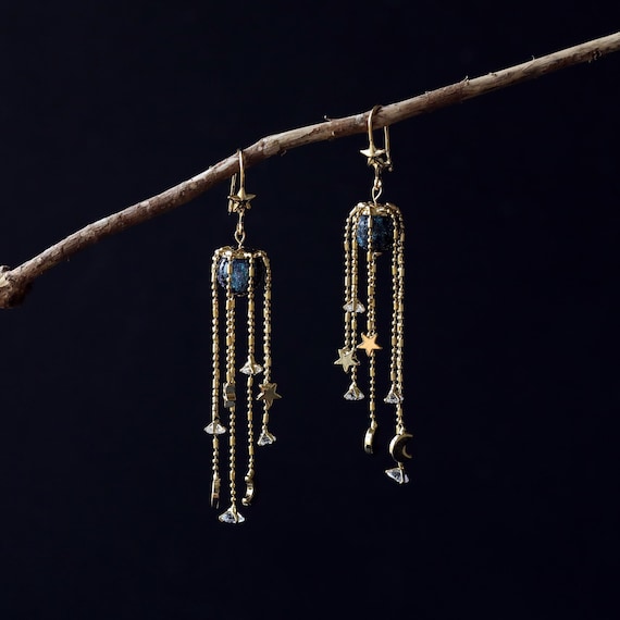 Falling Stars and Moon Dangle Drop Earrings| Celestial Earrings| Moon Dangling Earrings| Star Earrings