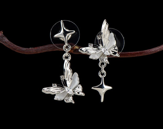 Butterfly dangle earrings 925 silver ear pin Zircon inlay ear stud for women