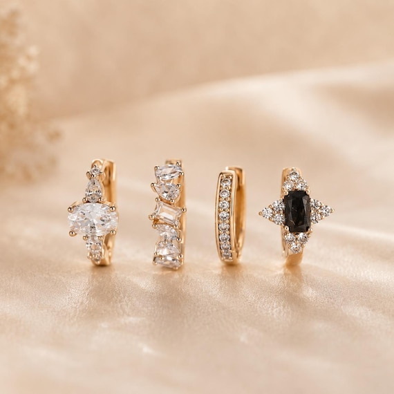 18K Gold Plated Mix Match Huggie Earrings Set, 4 Piece CZ Hoop Ear Stack