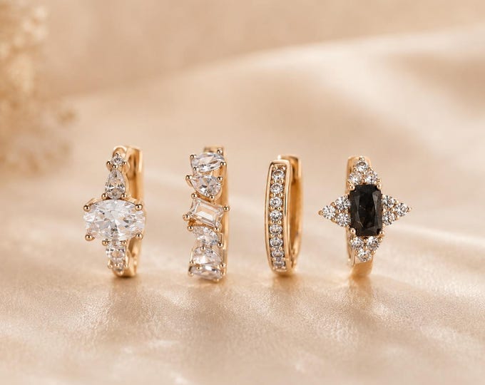 18K Gold Plated Mix Match Huggie Earrings Set, 4 Piece CZ Hoop Ear Stack