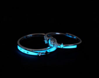 Moon and Star Couple Rings: 925 Sterling Silver Night Glow Adjustable Open Promise Rings