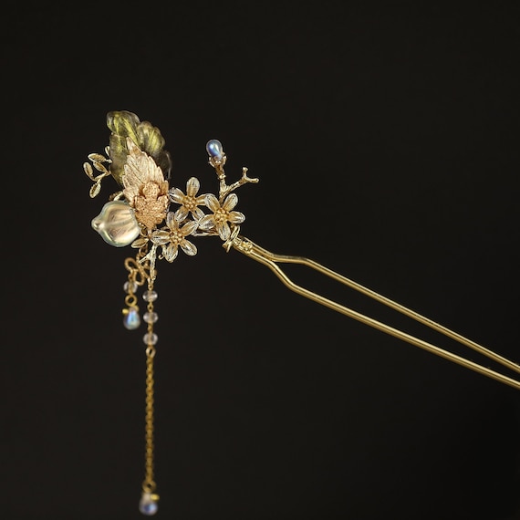 Handmade Copper Flower Hair Stick: Butterfly Dangle Tassel Hair Pin