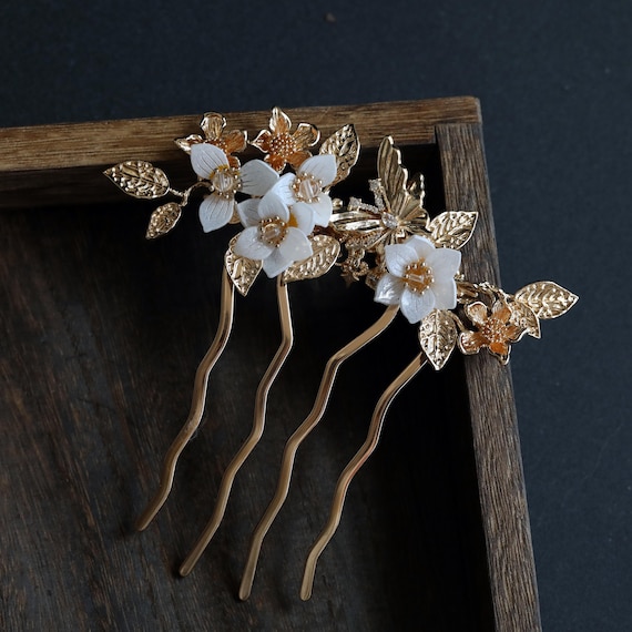 Handmade gold hair comb flower butterfly white copper bride hair accessories gift for her women mother Decorative Combs jewelry