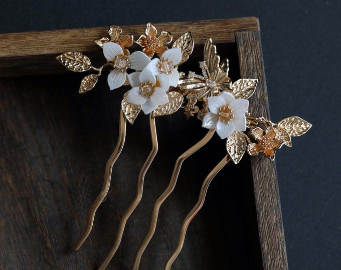 Handmade gold hair comb flower butterfly white copper bride hair accessories gift for her women mother Decorative Combs jewelry