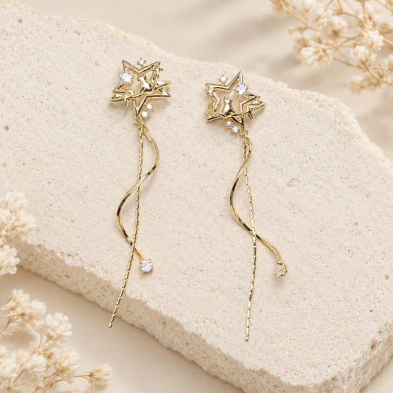Celestial Star Dangle Earrings 14K Gold Plated Cubic Zirconia Statement Earrings, Silver Post Earrings, Elegant Jewelry Gift