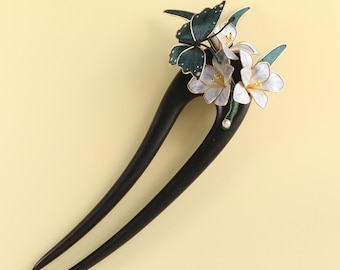 Handmade Wood & Copper Hair Fork: Butterfly Flower hair pin