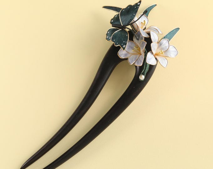 Handmade Wood & Copper Hair Fork: Butterfly Flower hair pin