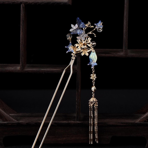 Handmade Purple Blue Butterfly Hair Stick: Copper Flower Hair Pin