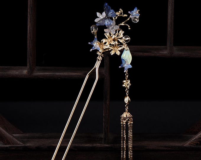 Handmade Purple Blue Butterfly Hair Stick: Copper Flower Hair Pin