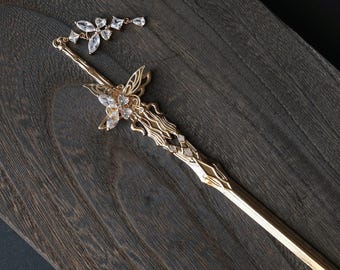 Butterfly Sword Hair Stick: Copper Goldcolor Zircon Hair Pin