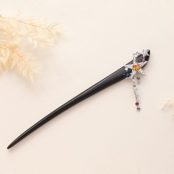 Handmade Wood & Copper Hair Stick:Zircon Star Hair Pin