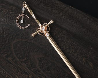Handmade Sword Hair Stick: Copper & Goldcolor Zircon Hair Pin