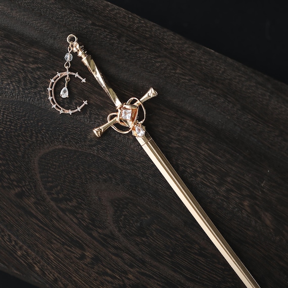 Handmade Sword Hair Stick: Copper & Goldcolor Zircon Hair Pin