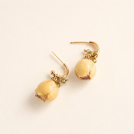 Botanical Rosebud Earrings, Yellow Flower Dangle Earrings, Gold Hoop Earrings, Cottagecore Floral Jewelry, Romantic Gift for Her