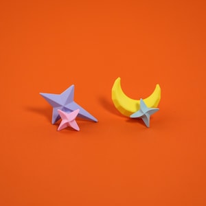 Shining star and moon earrings ear cuff windmill ear clip loop mini earrings gift for her gift for women cute animal 3D print Cartoon
