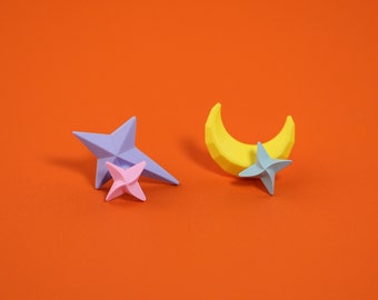 Shining star and moon earrings ear cuff windmill ear clip loop mini earrings gift for her gift for women cute animal 3D print Cartoon