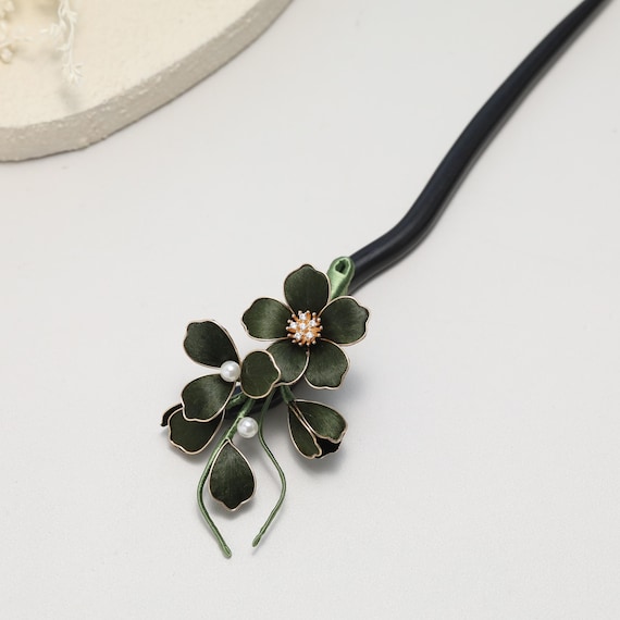 Green Floral Hair Stick, Pearl Flower Hair Pin, Dark Wood Bun Stick, Botanical Bridal Hair Accessory, Elegant Updo Gift for Her