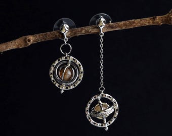 Armillary Sphere Dangle Drop Earrings| Celestial Earrings|Planet Dangling Earrings|Citrine Star Earrings