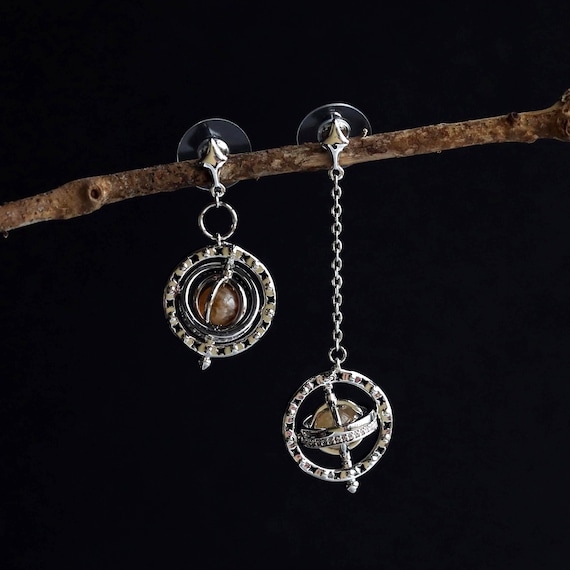 Armillary Sphere Dangle Drop Earrings| Celestial Earrings|Planet Dangling Earrings|Citrine Star Earrings