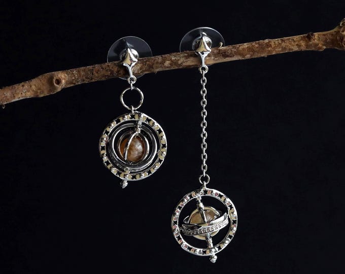 Armillary Sphere Dangle Drop Earrings| Celestial Earrings|Planet Dangling Earrings|Citrine Star Earrings