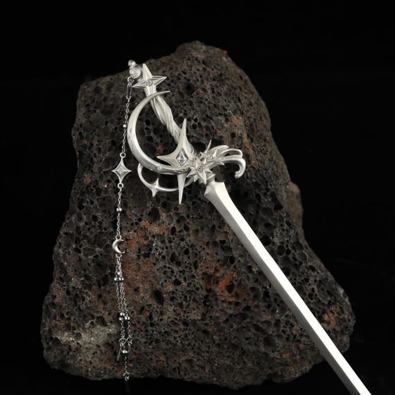 Celestial Sword Hair Pin, Moon and Star Fantasy Hair Stick, silver-tone Moon Star Hair Accessory