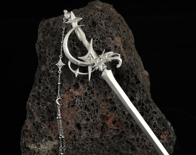 Celestial Sword Hair Pin, Moon and Star Fantasy Hair Stick, silver-tone Moon Star Hair Accessory