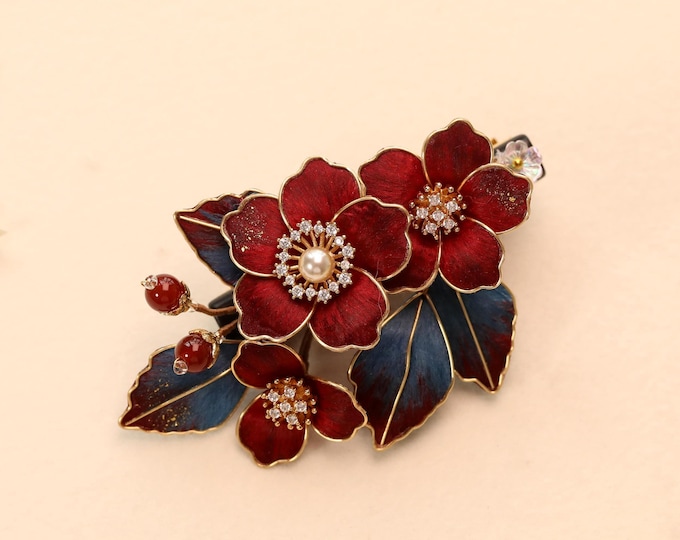 Handmade Red Flower hair clip:blue leaves hair accessories
