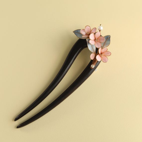 Handmade Wood & Copper Hair Fork:Pink Flower hair pin