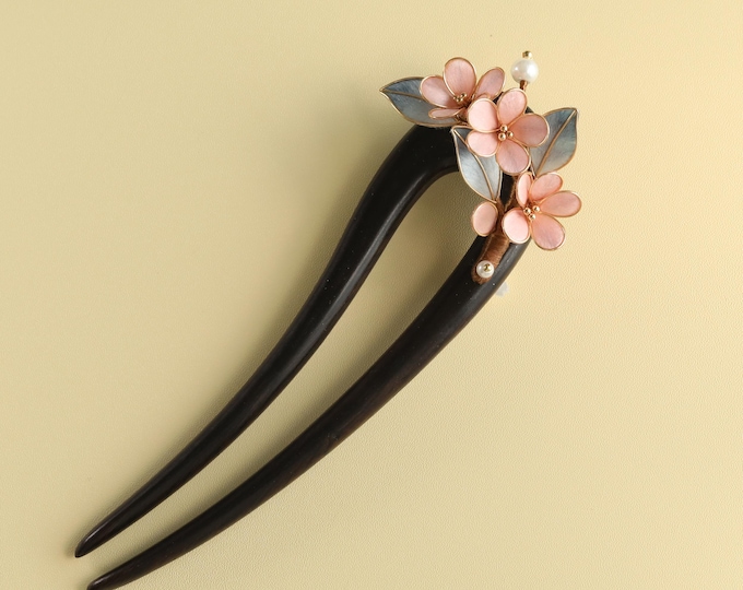 Handmade Wood & Copper Hair Fork:Pink Flower hair pin