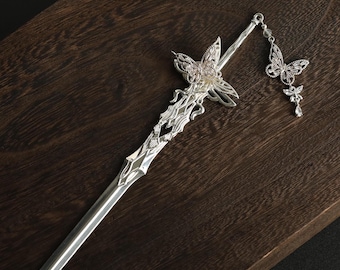 Butterfly Sword Hair Stick: Copper silver plated Zircon Hair Pin