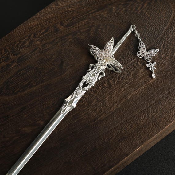 Butterfly Sword Hair Stick: Copper silver plated Zircon Hair Pin