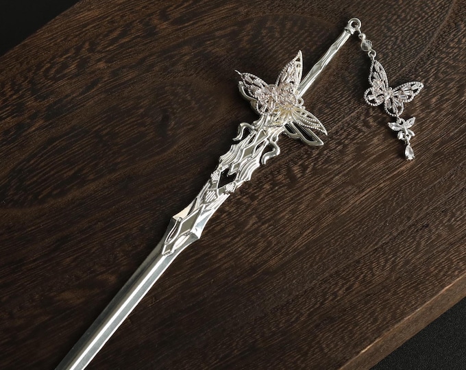 Butterfly Sword Hair Stick: Copper silver plated Zircon Hair Pin