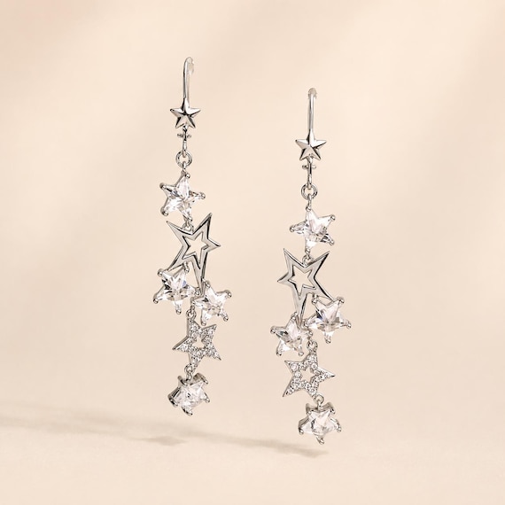 Celestial Star Dangle Earrings, Copper Zircon 925 Silver Earrings Post