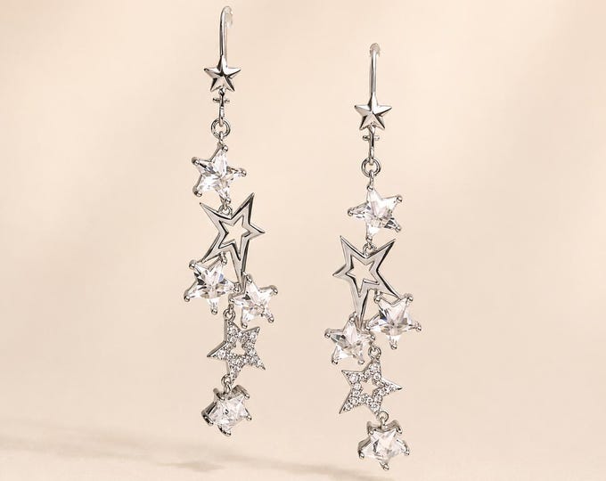 Celestial Star Dangle Earrings, Copper Zircon 925 Silver Earrings Post