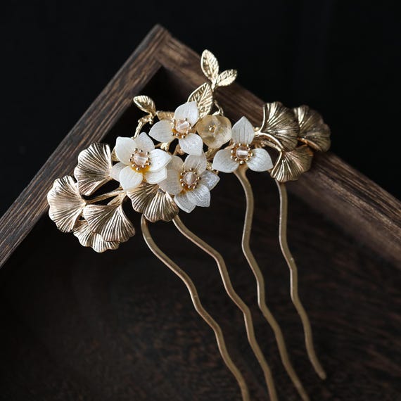Handmade gold hair comb flower hair comb white copper bride hair accessories gift for her women mother Decorative Combs jewelry